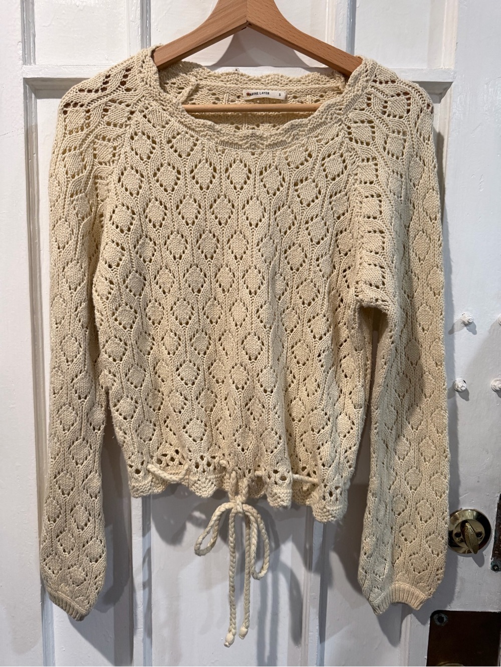 Marine Layer Cream Crochet Drawstring Crewneck Sweater
